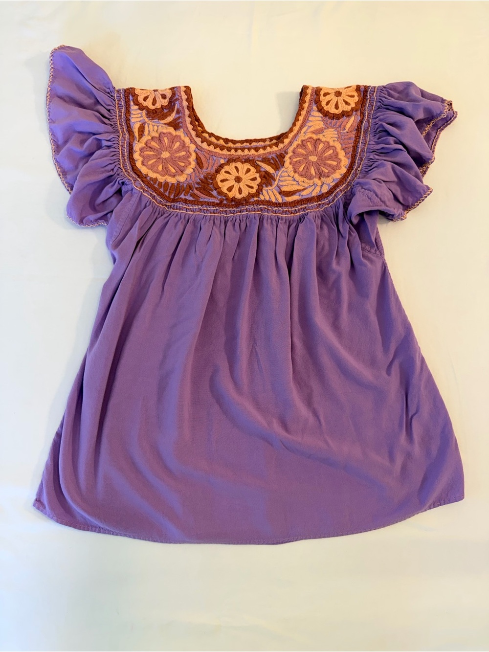 Mexican Lavender Floral Embroidered Flutter Sleeve Top Size M - Picture 12 of 12